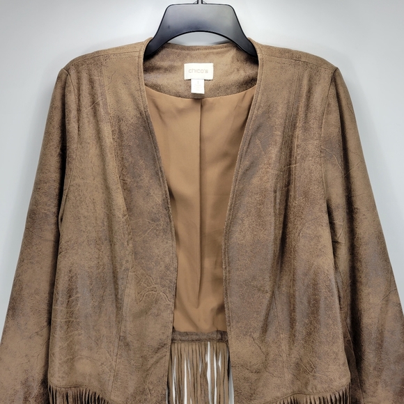 Chicos Faux Leather Fringe Open Front Jacket Women 1 Medium Boho Western Cowgirl - Picture 3 of 12